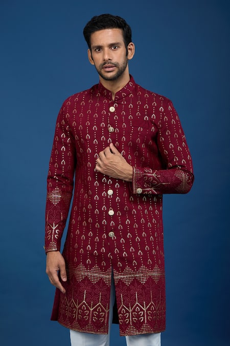 Buy_Arihant Rai Sinha_Maroon Silk, Polyester, Viscose Sequins, Embroidery Work Sherwani Set _Online_at_Aza_Fashions