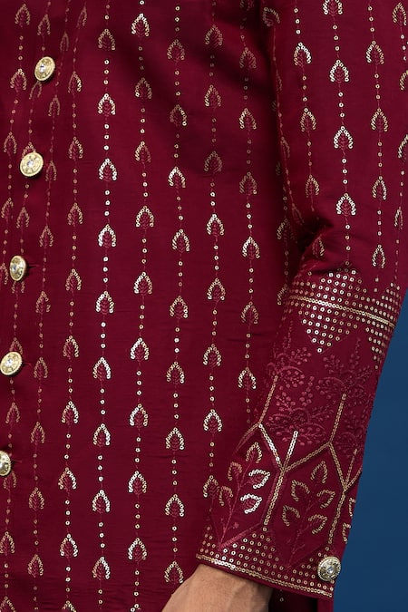 Shop_Arihant Rai Sinha_Maroon Silk, Polyester, Viscose Sequins, Embroidery Work Sherwani Set _Online_at_Aza_Fashions