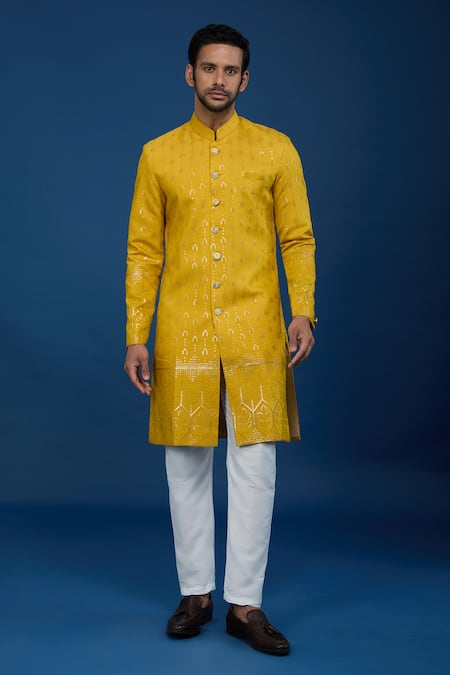 Arihant Rai Sinha_Yellow Silk, Polyester, Viscose Embroidery, Sequins Threadwork Sherwani Set _Online_at_Aza_Fashions