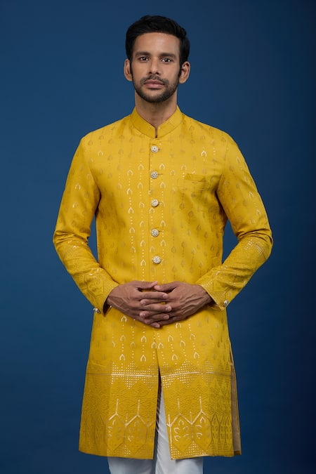 Buy_Arihant Rai Sinha_Yellow Silk, Polyester, Viscose Embroidery, Sequins Threadwork Sherwani Set _Online_at_Aza_Fashions