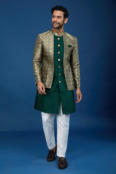 Buy Arihant Rai Sinha Green Silk, Polyester, Viscose Embroidery Mughal Woven Sherwani Set Online at Aza Fashions Buy_Arihant Rai Sinha_Green Silk, Polyester, Viscose Embroidery Mughal Woven Sherwani Set _Online_at_Aza_Fashions