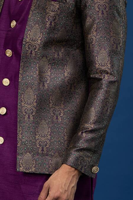 Arihant Rai Sinha_Purple Silk, Polyester, Viscose Embroidery Floral Woven Sherwani Set _Online_at_Aza_Fashions