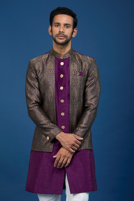 Buy_Arihant Rai Sinha_Purple Silk, Polyester, Viscose Embroidery Floral Woven Sherwani Set _Online_at_Aza_Fashions