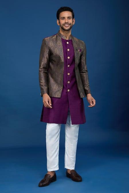 Shop_Arihant Rai Sinha_Purple Silk, Polyester, Viscose Embroidery Floral Woven Sherwani Set _Online_at_Aza_Fashions