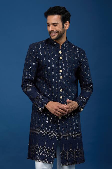 Arihant Rai Sinha_Blue Silk, Polyester, Viscose Embroidery, Sequins Linear Sherwani Set _Online_at_Aza_Fashions