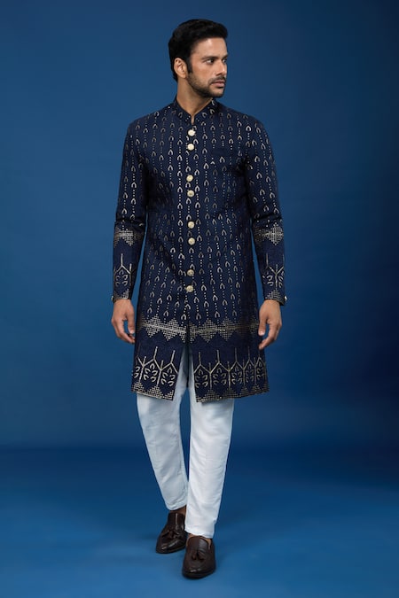 Shop_Arihant Rai Sinha_Blue Silk, Polyester, Viscose Embroidery, Sequins Linear Sherwani Set _Online_at_Aza_Fashions