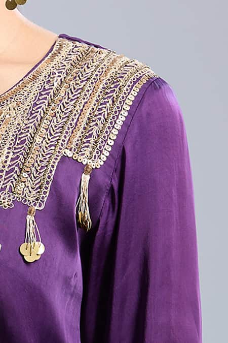 Buy_Samyukta Singhania_Purple Satin Tassels, Embroidery Round Neck Tunic And Skirt Set 