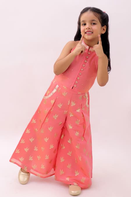 Buy_Lil Drama_Peach Chanderi, Cotton Embroidery, Sequins Mishti Top And Floral Pattern Pant Set 