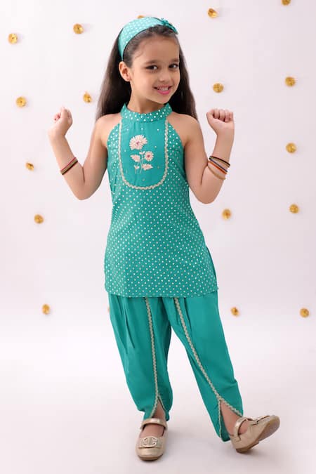Lil Drama Green Rayon Embroidery, Foil Printing, Lace Khilkhilahat Kurta And Dhoti Pant Set 