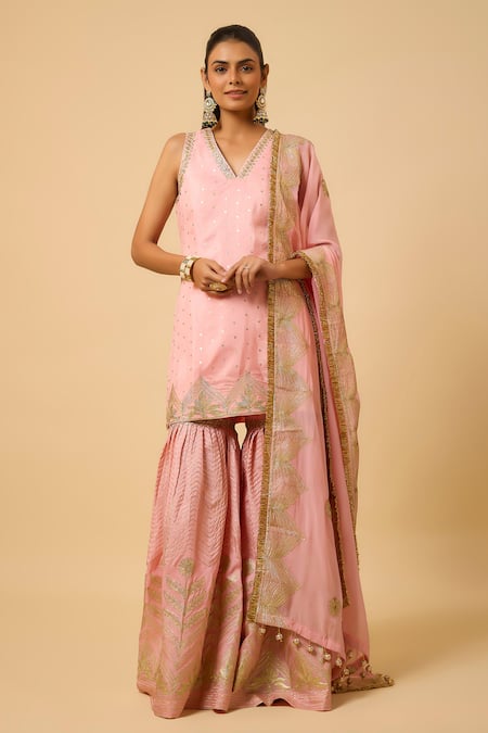 Monk & Mei By Sonia Anand Pink Silk, Organza Embroidery V-neck Bala Woven Kurta Sharara Set 