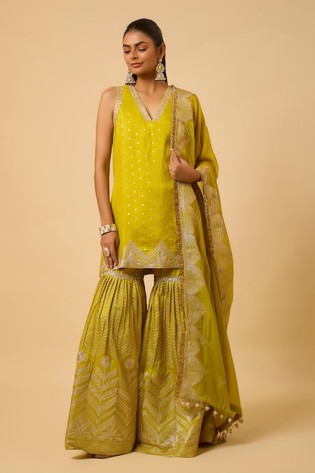 Monk & Mei By Sonia Anand Yellow Silk, Organza Embroidery V-neck Bala Polka Dot Woven Kurta Sharara Set 