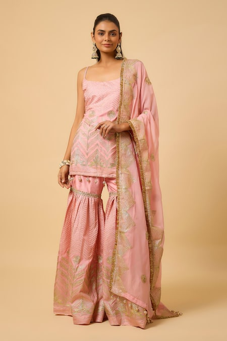 Monk & Mei By Sonia Anand Pink Silk, Organza Embroidery Square Neck Aishwarya Kurta Sharara Set