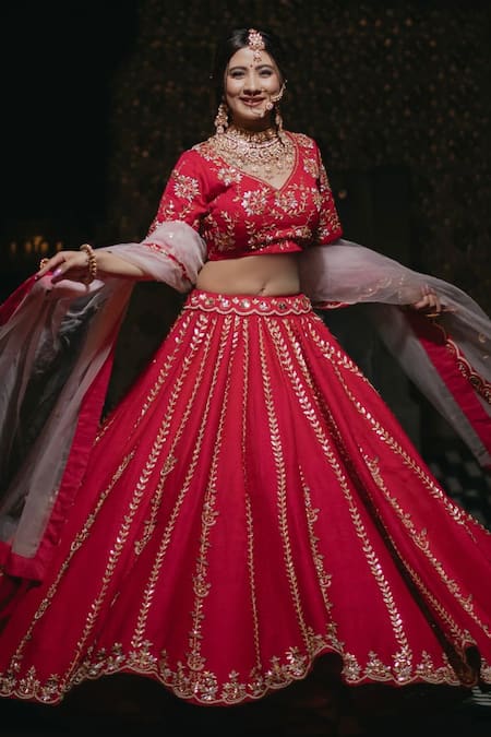 Amaltas Couture Pink Silk, Organza Sequins, Beads V-neck Raw Embroidered Lehenga Set 