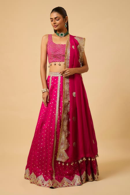 Monk & Mei By Sonia Anand Pink Silk, Organza Sequins, Beads, Tassels Square Sona Embroidered Lehenga Set