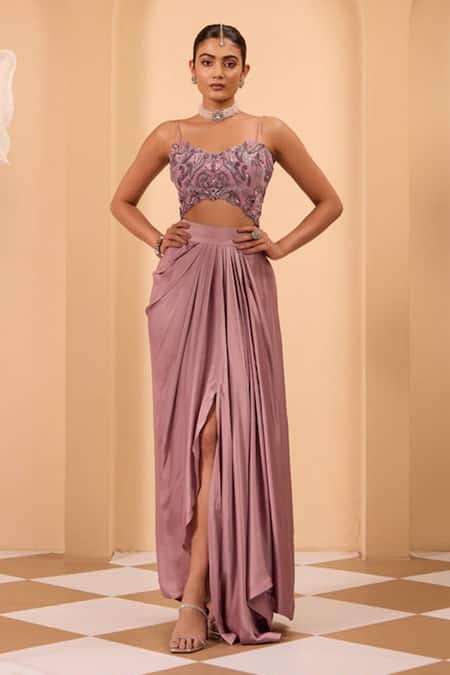 One Knot One By Ashna Purple Crepe, Silk Satin Embroidery Sweetheart Neck Blouse And Drape Skirt Set 