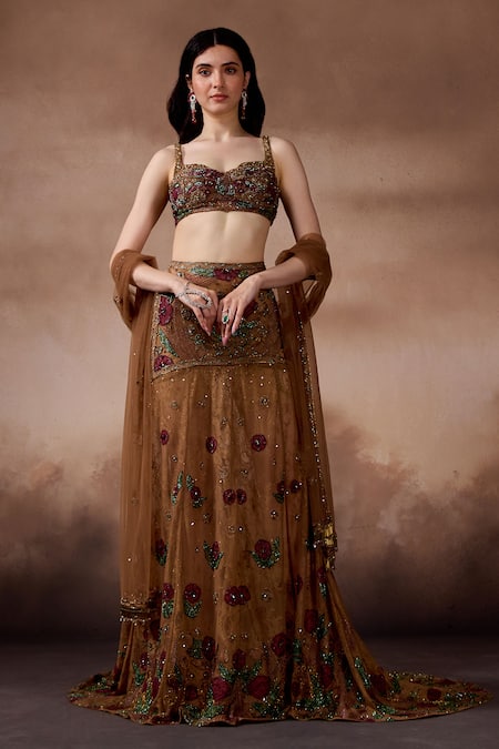 Falsa Brown Tulle, Organza Embroidery Sweetheart Neck Lehenga Set