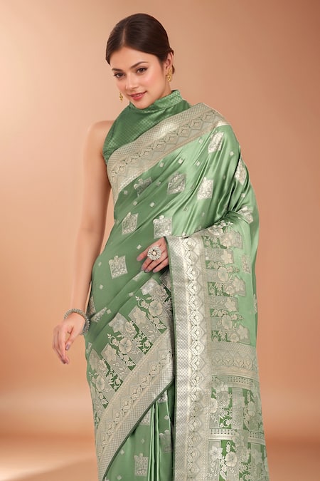 Shop_Samyukta Singhania_Green Zari High Neck Woven Banarasi Silk Saree With Blouse _Online_at_Aza_Fashions
