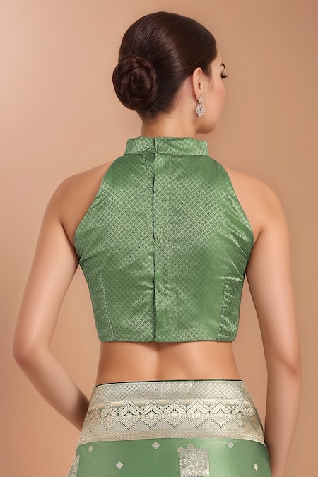 Shop_Samyukta Singhania_Green Zari High Neck Woven Banarasi Silk Saree With Blouse 