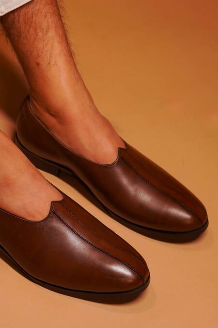 Dmodot_Brown Almond Toe Mojaris_Online_at_Aza_Fashions