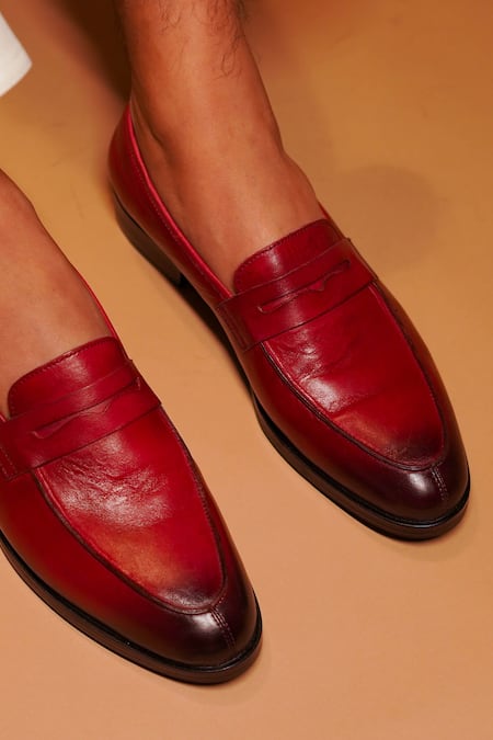 Shop Dmodot Maroon Penny Loafer Shoes at Aza Fashions Shop_Dmodot_Maroon Penny Loafer Shoes _at_Aza_Fashions