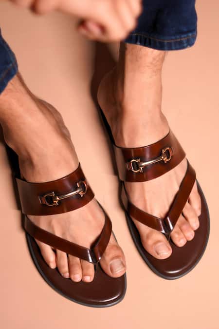 Shop Dmodot Brown Buckles Leather Horse Bit Trim Sandals at Aza Fashions Shop_Dmodot_Brown Buckles Leather Horse Bit Trim Sandals _at_Aza_Fashions