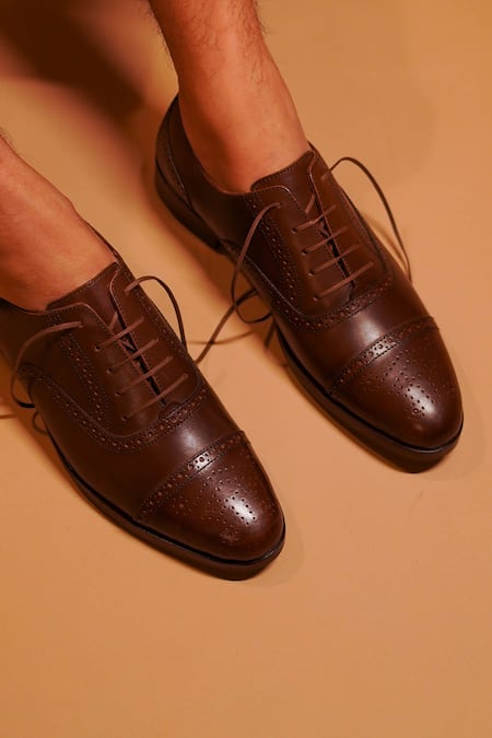 Shop Dmodot Brown Leather Brogue Oxfords at Aza Fashions Shop_Dmodot_Brown Leather Brogue Oxfords _at_Aza_Fashions