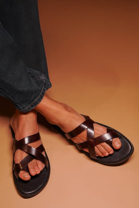 Shop Dmodot Black Pelle Borgogno Leather Multi Strap Sliders at Aza Fashions Shop_Dmodot_Black Pelle Borgogno Leather Multi Strap Sliders _at_Aza_Fashions