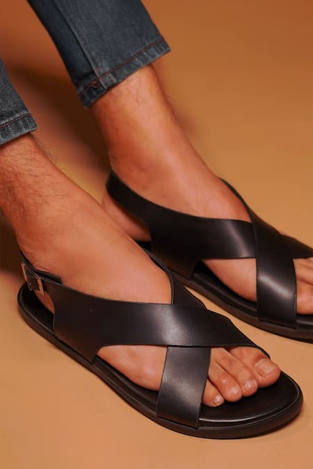 Dmodot_Black Pelle Caro Criss Cross Strap Sliders _Online_at_Aza_Fashions
