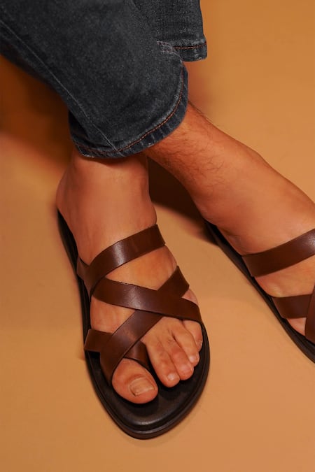 Shop Dmodot Brown Pelle Cherno Multi Strap Sliders at Aza Fashions Shop_Dmodot_Brown Pelle Cherno Multi Strap Sliders _at_Aza_Fashions
