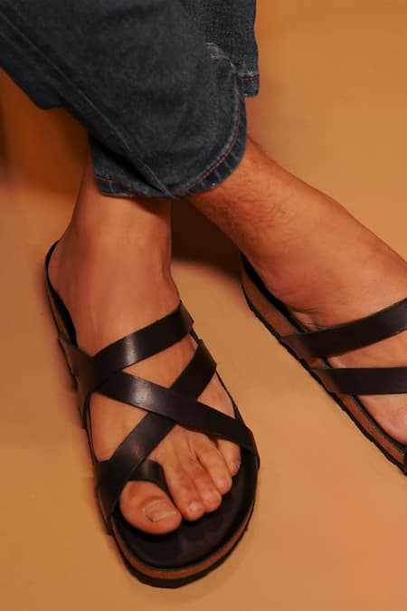 Dmodot Black Leather Multi Strap Sliders Online at Aza Fashions Dmodot_Black Leather Multi Strap Sliders _Online_at_Aza_Fashions