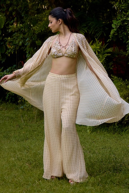 Nikasha Cream Silk Sequins Round , Scoop Janeman Floral Print Cape Pant Set