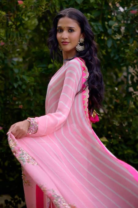 Nikasha Pink Georgette Embroidery, Sequins, Beads Haseena Stripe Print Saree With Blouse Online at Aza Fashions Nikasha_Pink Georgette Embroidery, Sequins, Beads Haseena Stripe Print Saree With Blouse _Online_at_Aza_Fashions