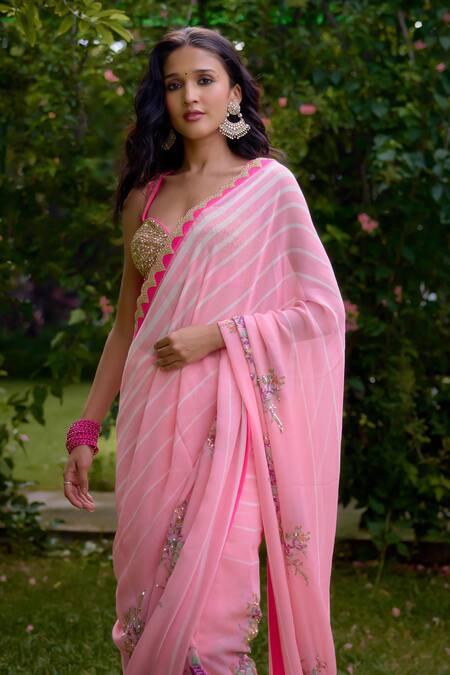Buy Nikasha Pink Georgette Embroidery, Sequins, Beads Haseena Stripe Print Saree With Blouse Online at Aza Fashions Buy_Nikasha_Pink Georgette Embroidery, Sequins, Beads Haseena Stripe Print Saree With Blouse _Online_at_Aza_Fashions