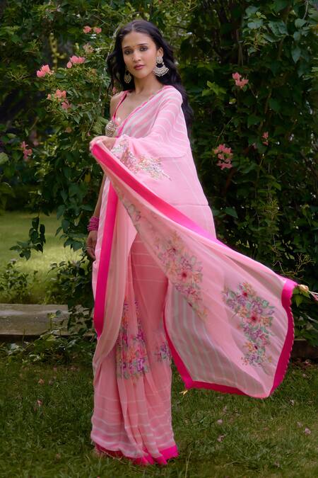 Nikasha Pink Georgette Embroidery, Sequins, Beads Haseena Stripe Print Saree With Blouse at Aza Fashions Nikasha_Pink Georgette Embroidery, Sequins, Beads Haseena Stripe Print Saree With Blouse _at_Aza_Fashions