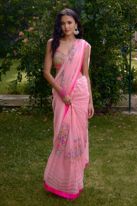 Shop Nikasha Pink Georgette Embroidery, Sequins, Beads Haseena Stripe Print Saree With Blouse at Aza Fashions Shop_Nikasha_Pink Georgette Embroidery, Sequins, Beads Haseena Stripe Print Saree With Blouse _at_Aza_Fashions