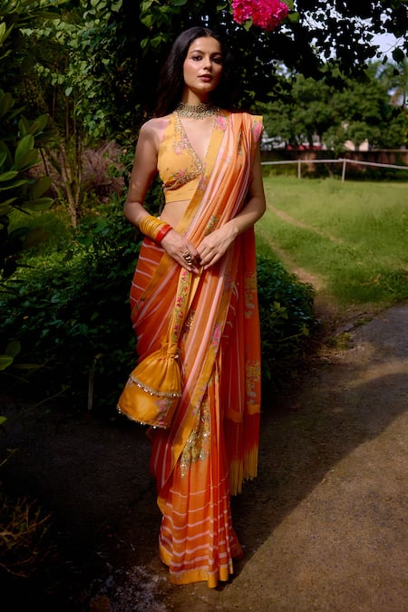 Nikasha Orange Georgette Tassels, Embroidery Halter Haseena Printed Saree With Blouse