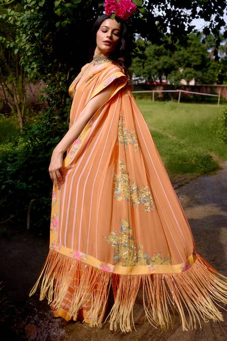 Buy_Nikasha_Orange Georgette Tassels, Embroidery Halter Haseena Printed Saree With Blouse _Online_at_Aza_Fashions