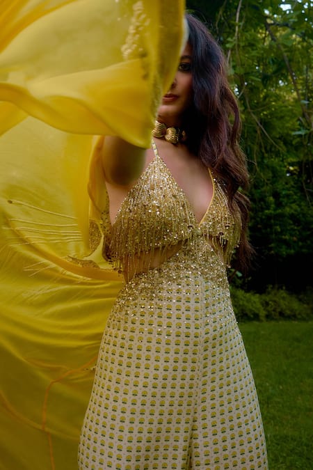 Nikasha_Cream Silk Beads, Sequins Halter Neck, Janeman Floral Print Jumpsuit With Cape _Online_at_Aza_Fashions