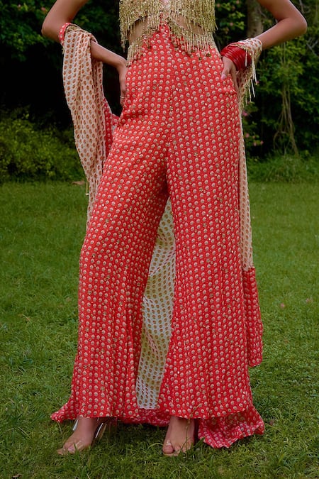 Nikasha_Coral Silk Beads Halter , Open Janeman Embellished Jumpsuit With Cape _Online_at_Aza_Fashions