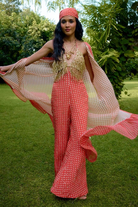 Buy_Nikasha_Coral Silk Beads Halter , Open Janeman Embellished Jumpsuit With Cape _Online_at_Aza_Fashions