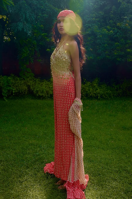 Buy_Nikasha_Coral Silk Beads Halter , Open Janeman Embellished Jumpsuit With Cape 