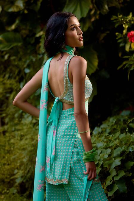 Nikasha Blue Silk Embroidery Sweetheart Neck Janeman Floral Print Kurta Set Online at Aza Fashions Nikasha_Blue Silk Embroidery Sweetheart Neck Janeman Floral Print Kurta Set _Online_at_Aza_Fashions