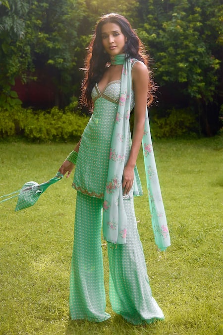 Nikasha Blue Silk Embroidery Sweetheart Neck Janeman Floral Print Kurta Set at Aza Fashions Nikasha_Blue Silk Embroidery Sweetheart Neck Janeman Floral Print Kurta Set _at_Aza_Fashions