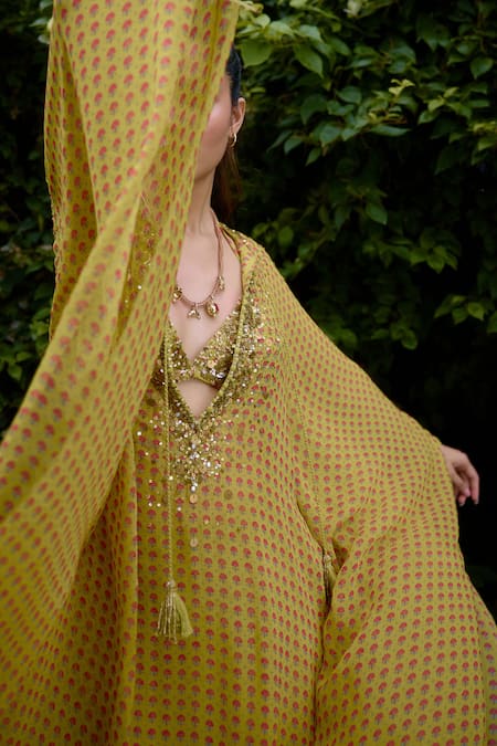 Nikasha Olive Green Silk Beads V-neck Mehbooba Printed Kaftan Skirt Set Online at Aza Fashions Nikasha_Olive Green Silk Beads V-neck Mehbooba Printed Kaftan Skirt Set _Online_at_Aza_Fashions