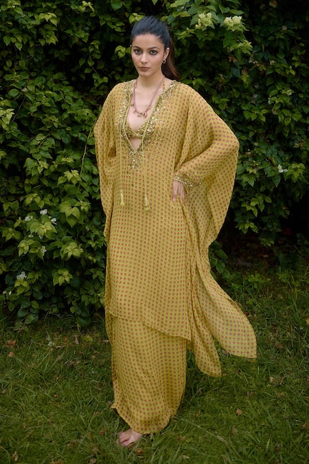 Nikasha Olive Green Silk Beads V-neck Mehbooba Printed Kaftan Skirt Set