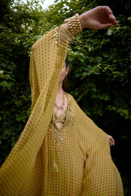 Shop Nikasha Olive Green Silk Beads V-neck Mehbooba Printed Kaftan Skirt Set at Aza Fashions Shop_Nikasha_Olive Green Silk Beads V-neck Mehbooba Printed Kaftan Skirt Set _at_Aza_Fashions