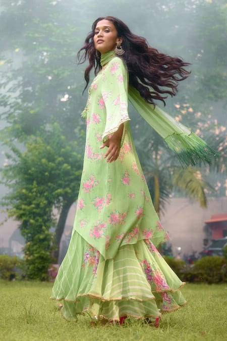 Nikasha_Lime Georgette Embroidery Round Neck Dilkush Floral Print Kurta Sharara Set _Online_at_Aza_Fashions