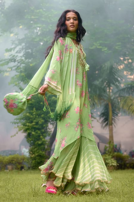 Buy_Nikasha_Lime Georgette Embroidery Round Neck Dilkush Floral Print Kurta Sharara Set _Online_at_Aza_Fashions