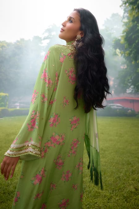 Shop_Nikasha_Lime Georgette Embroidery Round Neck Dilkush Floral Print Kurta Sharara Set _at_Aza_Fashions