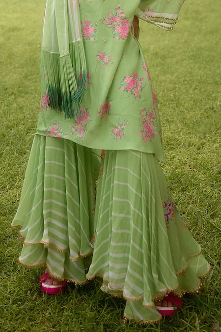 Shop_Nikasha_Lime Georgette Embroidery Round Neck Dilkush Floral Print Kurta Sharara Set _Online_at_Aza_Fashions